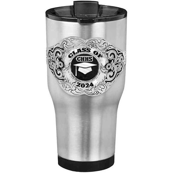 A customized tumbler made of stainless steel with a personalized engraved Class of 2024 lettering with graduate cap figure, 30 oz, ideal for coffee or cool drinks